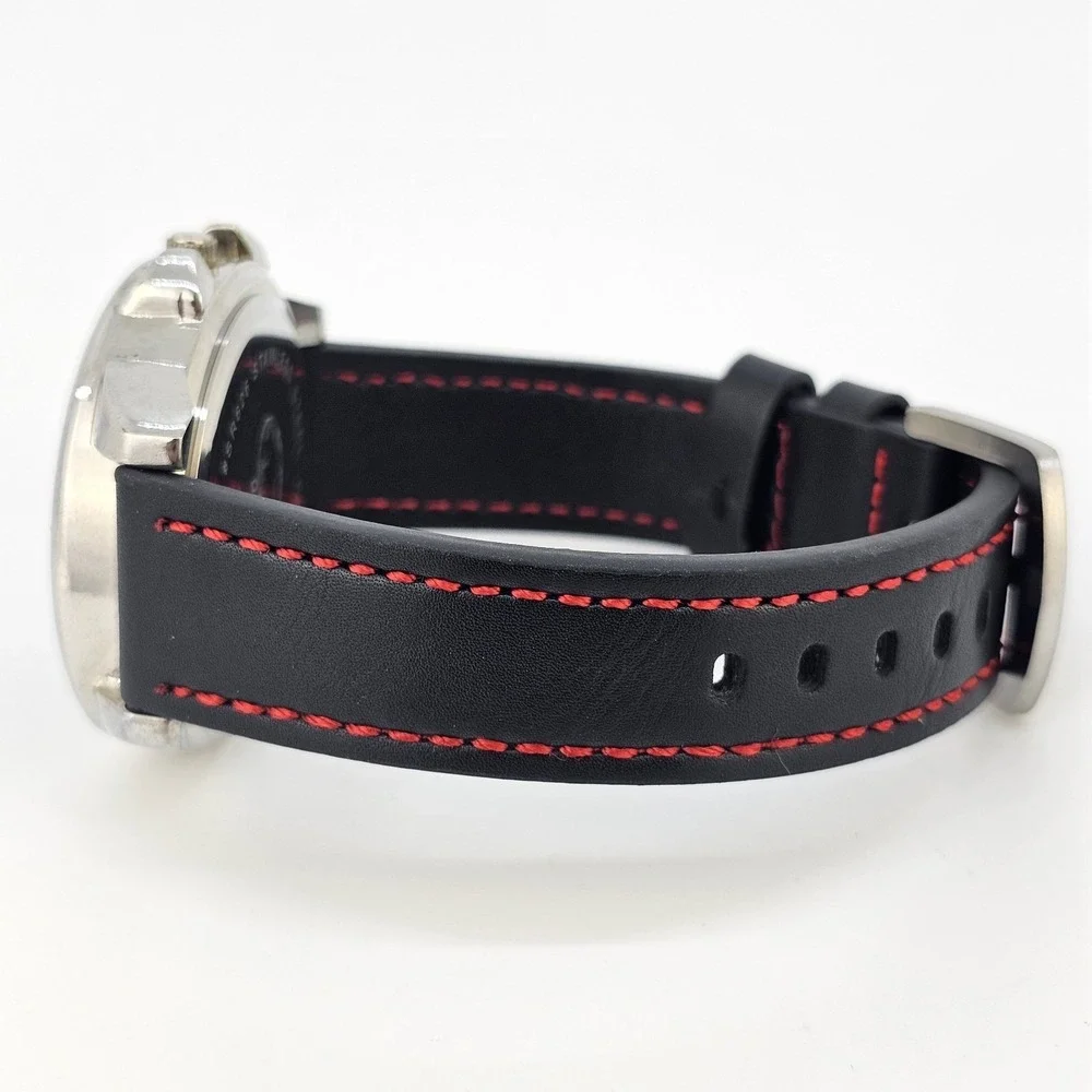 Men's Analog Watch 44MM Black Dial‎ Black Red Faux Leather Bands New Battery